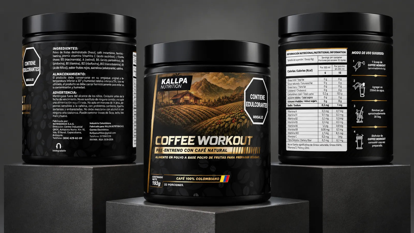 Tres vistas del tarro de COFFEE WORKOUT: ingredientes, frente e información nutricional